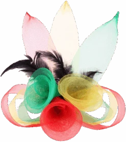 Broche Tule Rood, Geel, Groen Met Veertjes